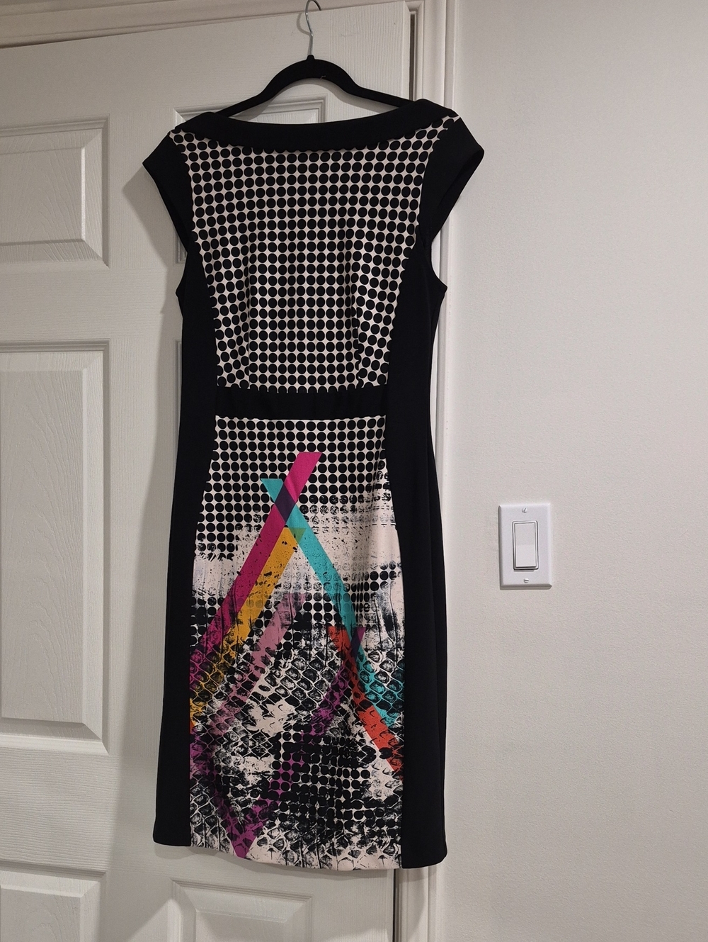 Joseph Ribkoff Black Sheath Dress with Pink, Teal, Yellow and Orange Accents